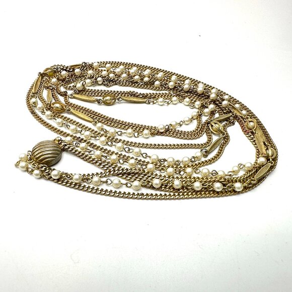 Long 47" Triple-Strand Gold & Pearl Necklace — Vintage 1960s-70s Elegance – EUC - Picture 3 of 8